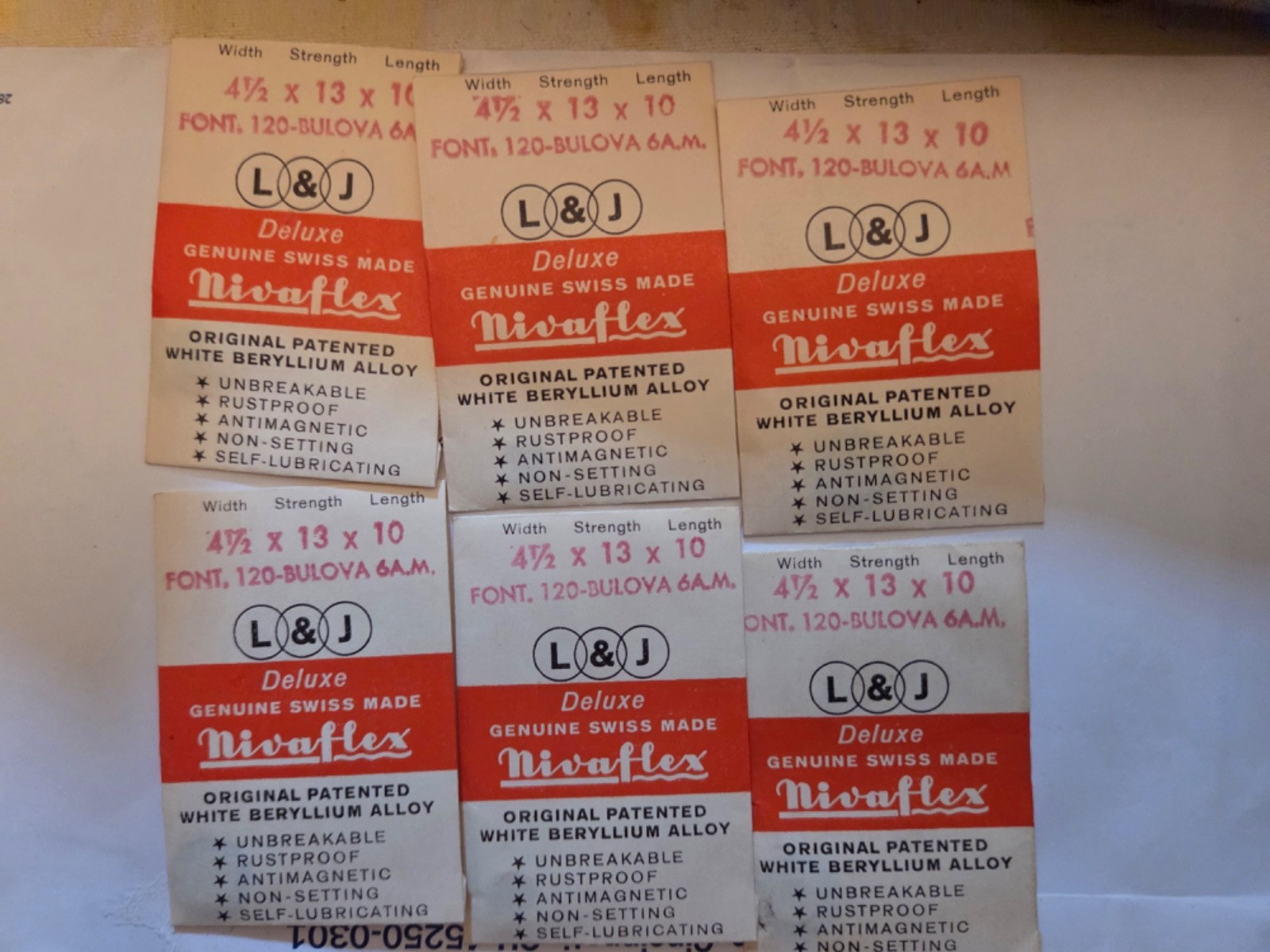 Six (6) main springs. Fits FONT (FHF) 120 & Bulova 6 AM, Original packages.