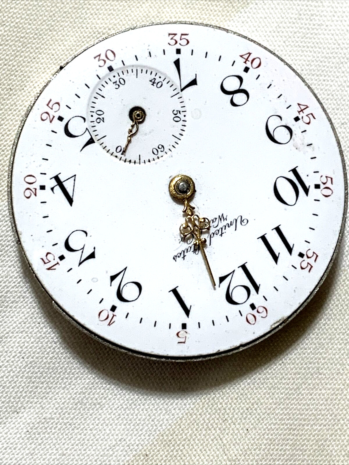 United State Watch Co. New York Pocket Watch Movement White Dial Gold Hands 0