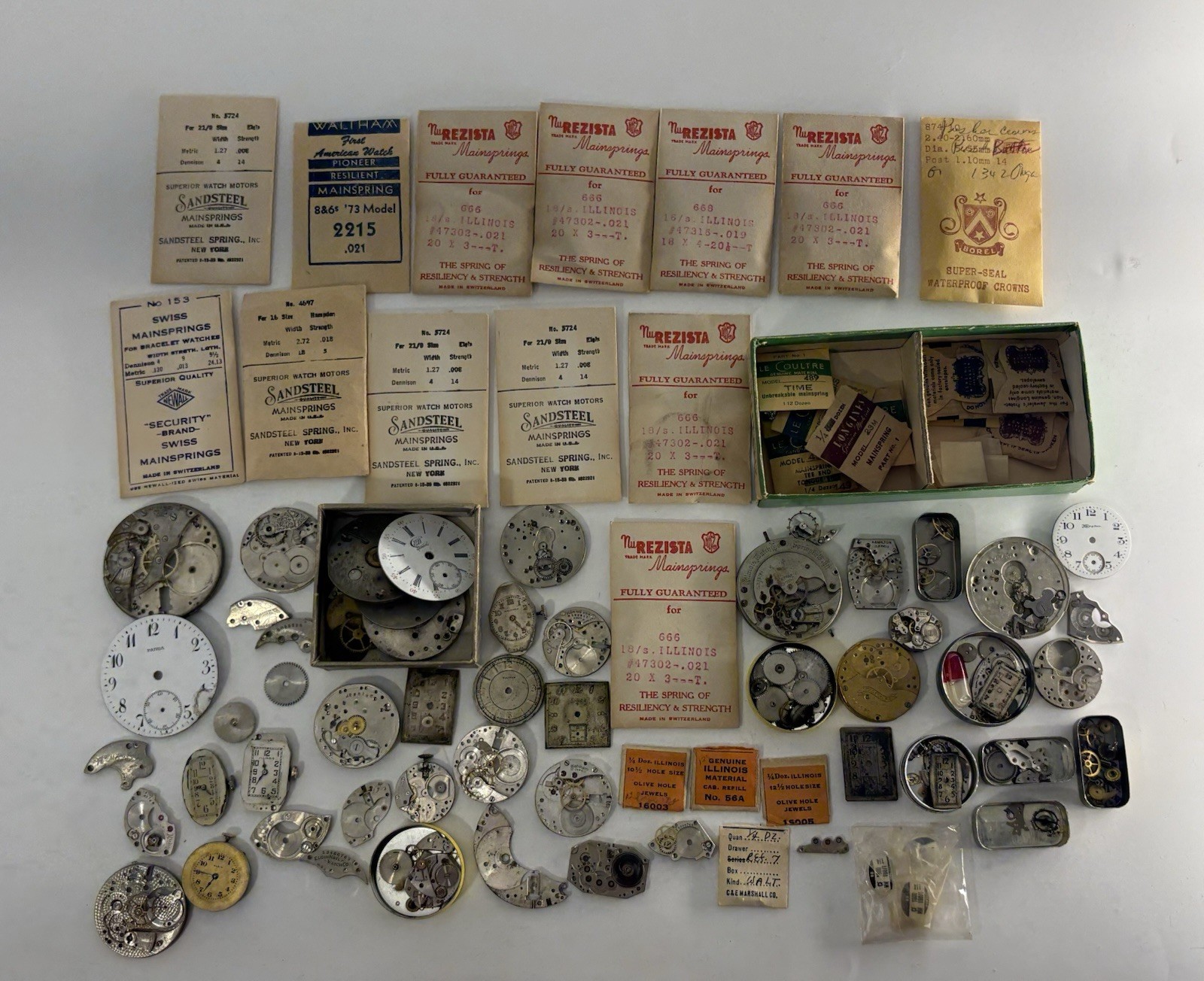 Lot of Vintage Watchmaking Watch Movements, Faces and Crowns for Parts or Repair