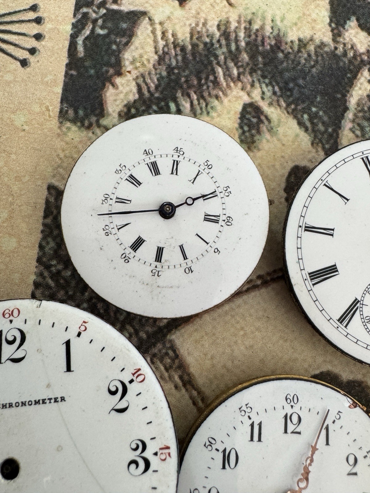Lot Of 7 Antique Pocket Watch Movements With Porcelain Dials