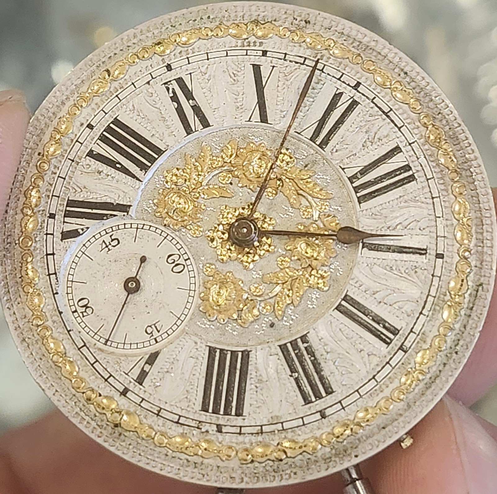 Antique Ch. Ed. Lardet Fleurier Swiss Pocket Watch Movement & Silver Floral Dial
