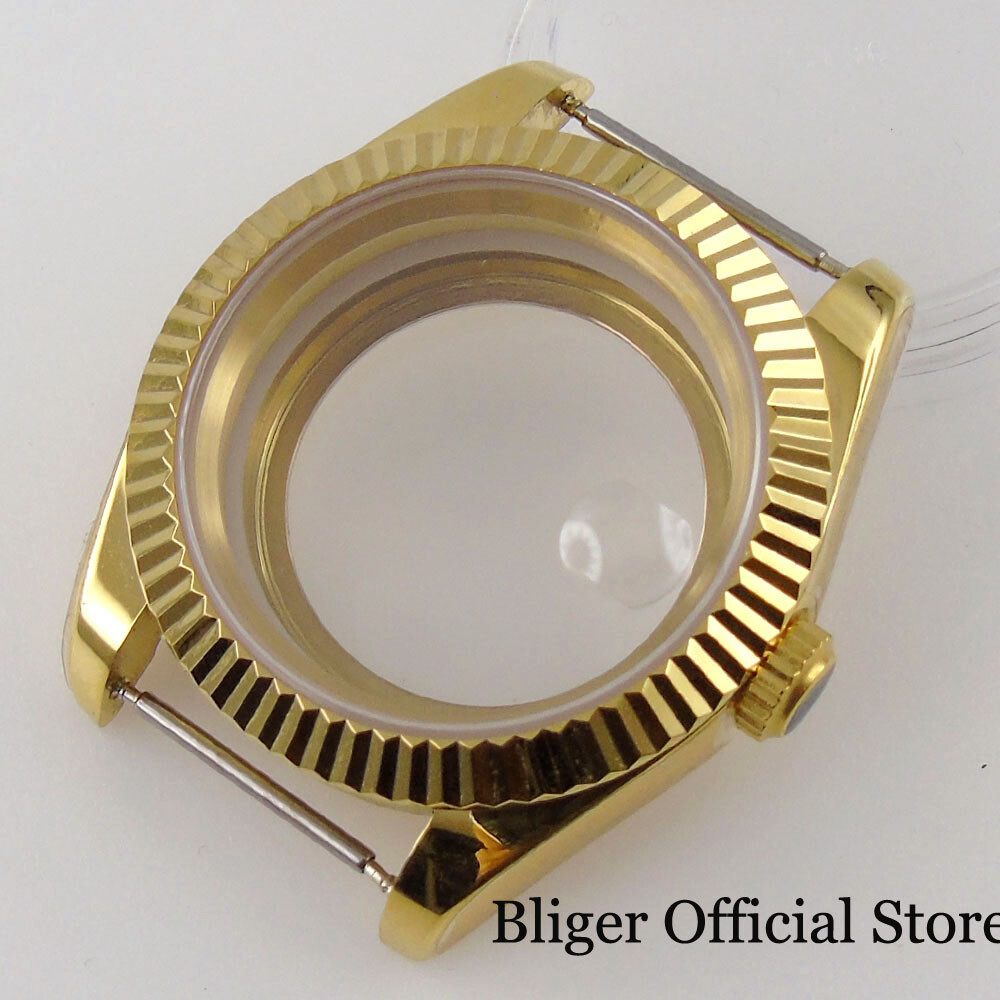 39mm Watch Case fit NH35A ETA MIYOTA Yellow Gold Coated Polish/Fluted Bezel