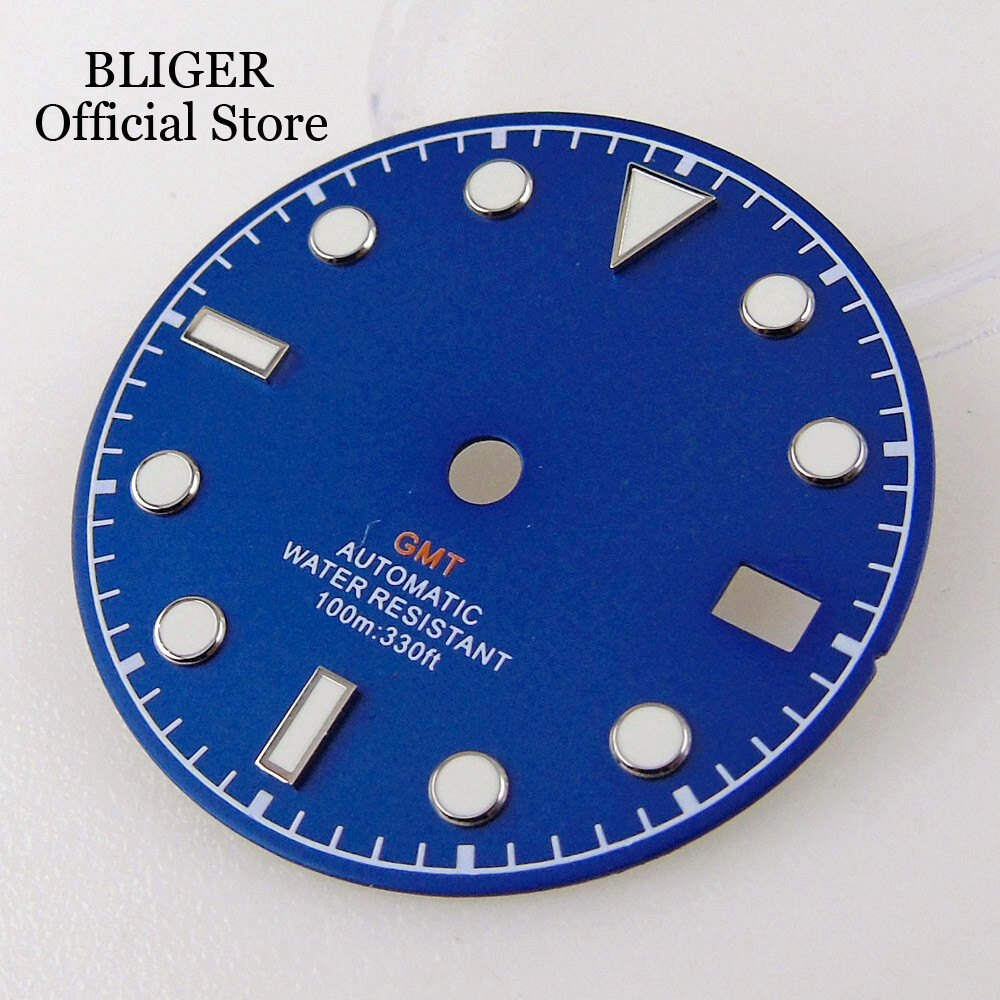 Luminous Black White Blue NH34A 29mm Watch Dial Face Date Window fit NH34 GMT