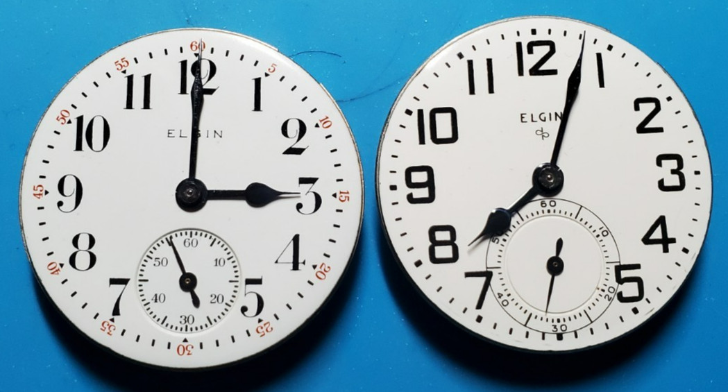 Lot of 2 Elgin 16s 15j & 17j Railroad-Style Pocket Watch Movements w/Dials