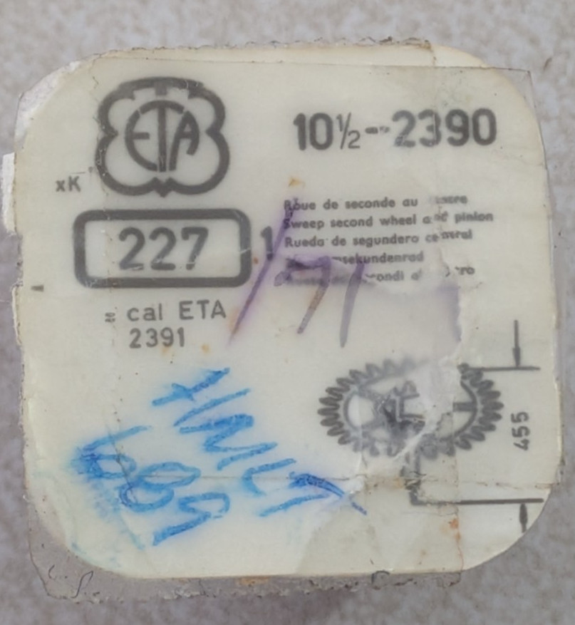NOS NEW ETA Cal 2390 2391 Watch Part 227 Sweep Second Wheel & Pinion