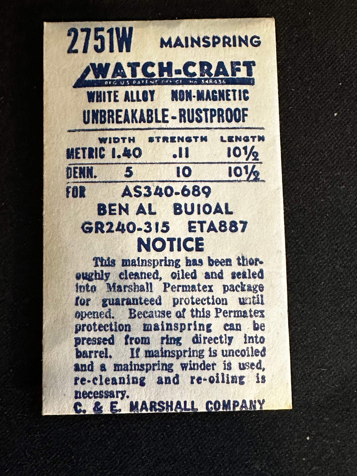 WATCH-CRAFT Mainspring 2751W for AS 340, 689, ETA 887, Gruen 240, 315, Bulova 10