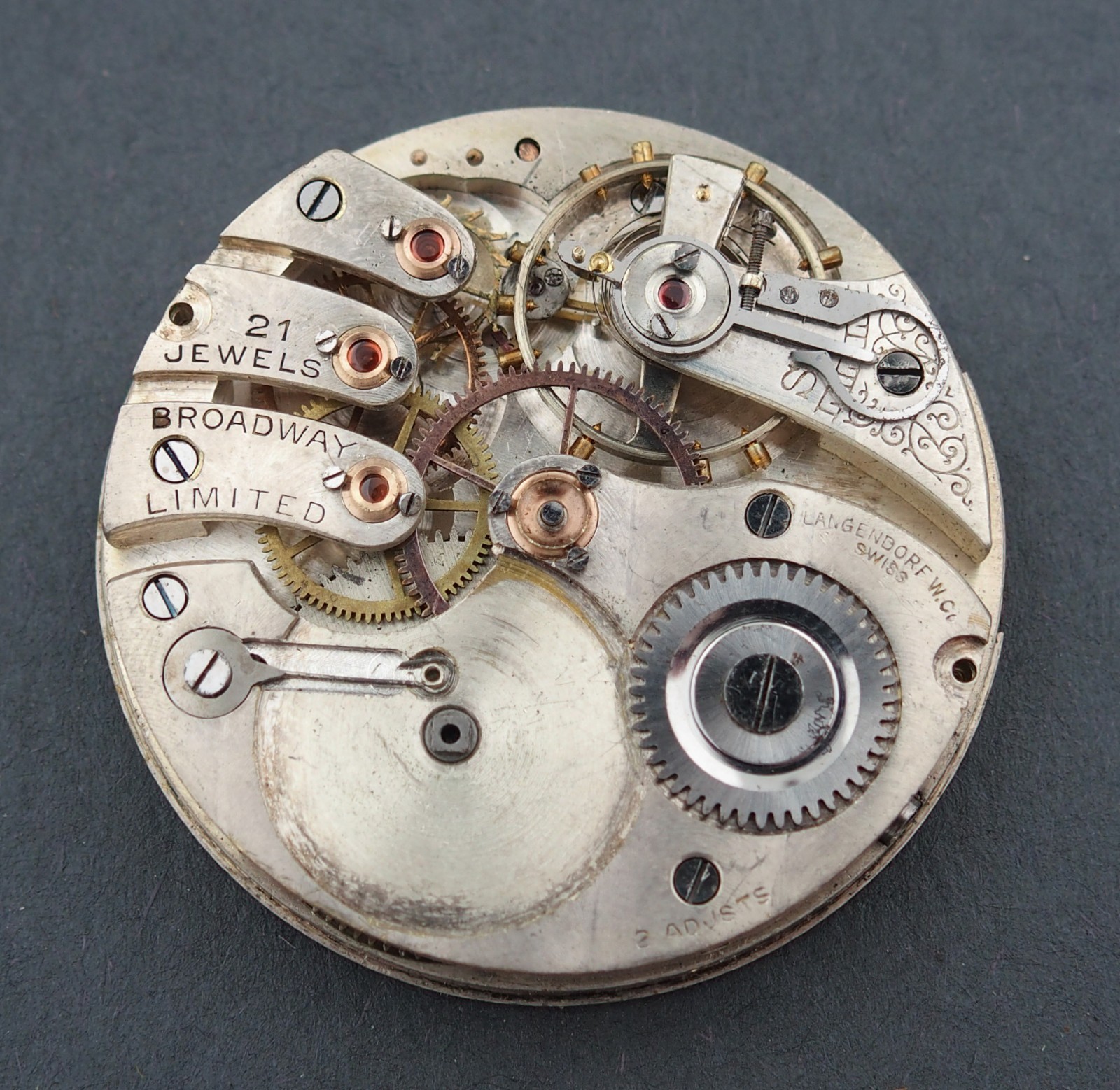 PARTIAL Broadway Limited Langendorf 21J Pocket Watch Movement for Parts #F247