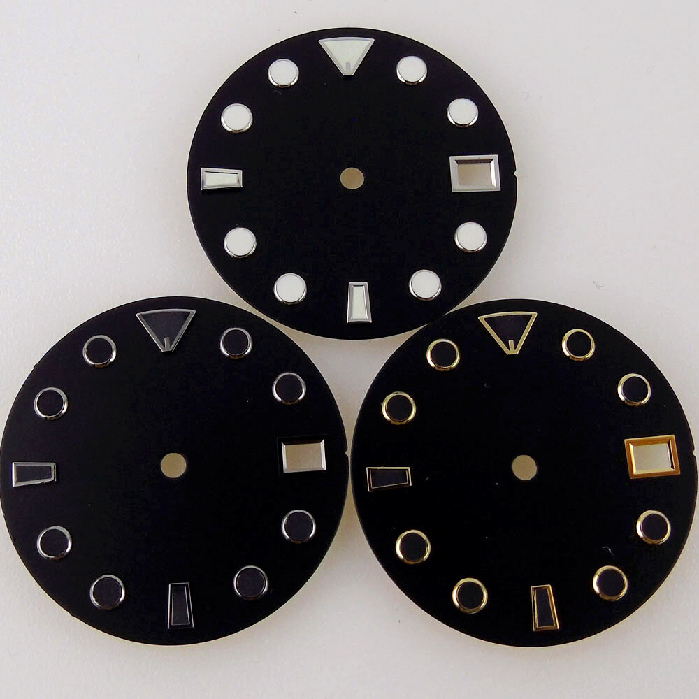 28.5mm NH35A Sterile Black Watch Dial Luminous Watch Part Date Silver/Gold Edge