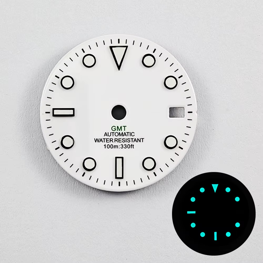 GMT 28.5Mm NO Logo Gloss Watch Dial White Black Mark Blue Green Luminous Fit NH3
