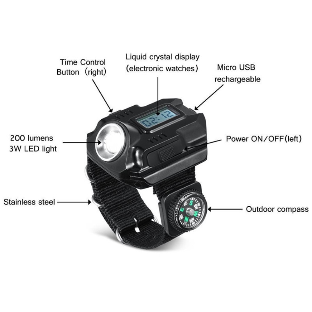 LED Wrist Watch Flashlight Torch Light USB Charging Rechargeable Flashlight