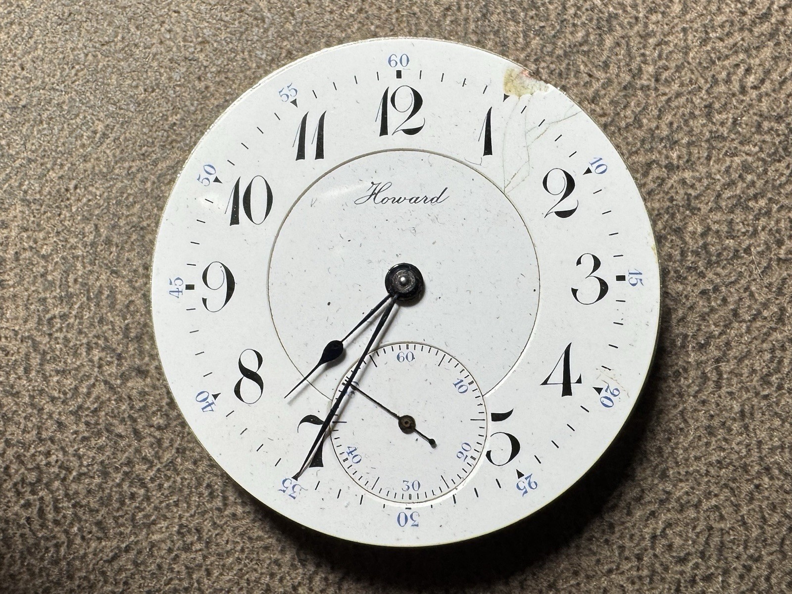 1910 HOWARD 16S 17J SERIES 9 ADJ TO 3 POS POCKET WATCH MOVEMENT & DIAL runs